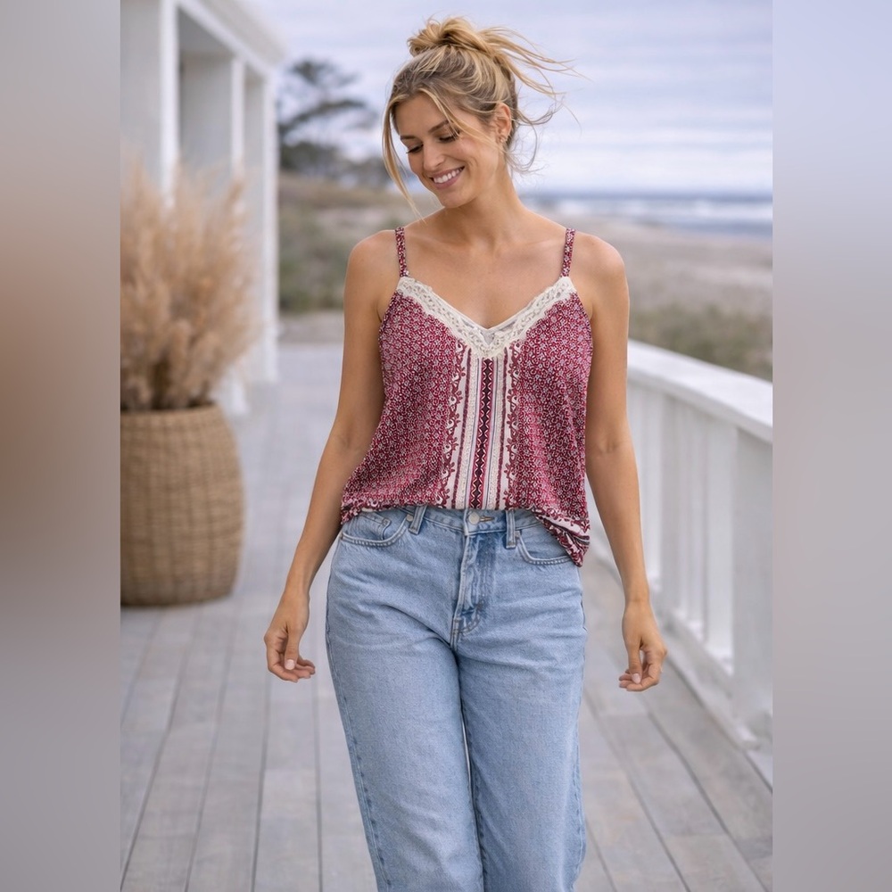 White House Black Market Red and Cream Lace Trim Camisole